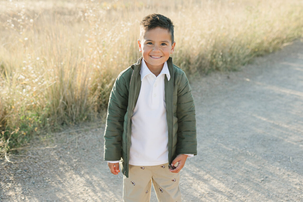 boy in winter coat, white polo and chino pants for boys and toddlers