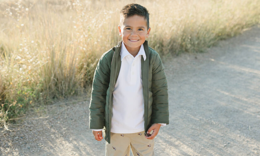 boy in winter coat, white polo and chino pants for boys and toddlers