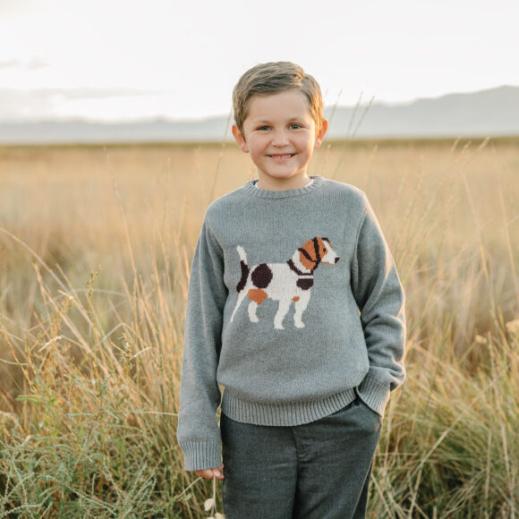 boy wearing a cozy sweater with a dog design, playing in a field. Comfortable boys and toddlers' sweater for active kids