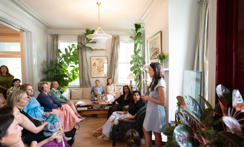 Three women — Anita, Nehal, and Ann Marie — speaking during a women-led event in Charleston, hosted by Pedal Kidswear.